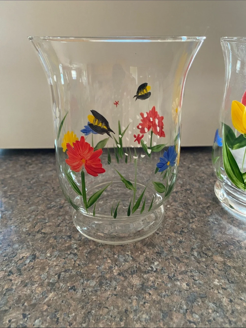 NWOT 3 Hand Painted Candle Holders with votive and sand approx 5”H